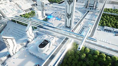 Futuristic city, town. The concept of the future. Aerial view. Realistic 4k animation.