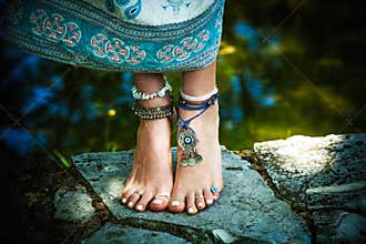 Woman barefoot boho summer fashion style jewelry
