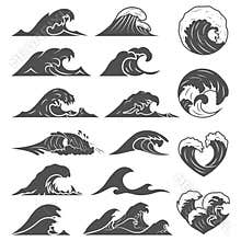 Ocean waves collection. Sea storm wave isolated. Waves, water elements set. Nature wave water storm linear style
