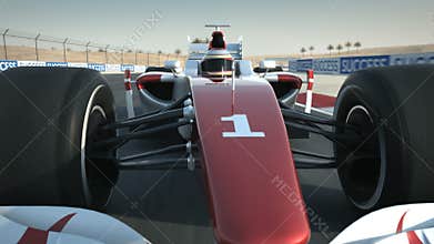 F1 race car on desert circuit - close-up front