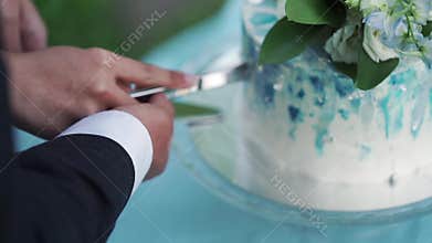 Bride and groom cutting wedding cake
