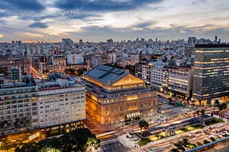 Aerial view of Teatro Colon Columbus Theatre and 9 de Julio Avenue at sunset - Buenos Aires, Argentina