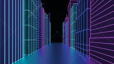 Neon hologram the city skyscrapers. Futuristic render 3d city street in neon light. Digital cityscape in a cyber world.