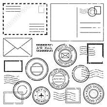 Old postal letter with postmark stamps. Antique airmail letters with plane border mark, mail stamp label and post ink