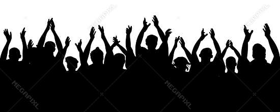 Applause audience. Crowd people cheering, cheer hands up. Cheerful mob fans applauding, clapping. Party, concert, sport.