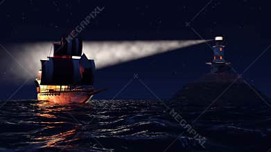 3D Animation of an old wooden warship sailing by night close to lighthouse