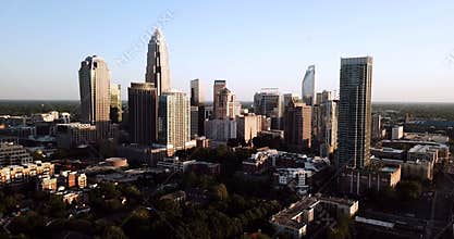 Dusk falls on Charlotte North Carolina and the downtown metro area