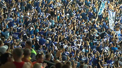 Football fans twirling scarves in support of national team, organized group