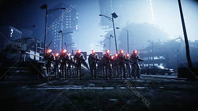 Walking military robots. invasion of military robots. Dramatic apocalypse super realistic concept. Future. 3d rendering.