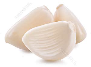 Three peeled garlic cloves. Clipping path.