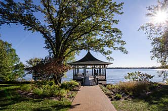 Beautiful view of a gazebo patio deck in the fall