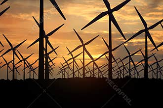 3D rendering of windmills producing engergy in the evening