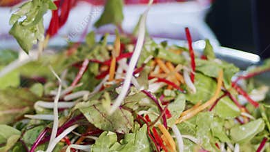 Green salad prepared in slow motion with carrots, leafs, lattuce and sprouts