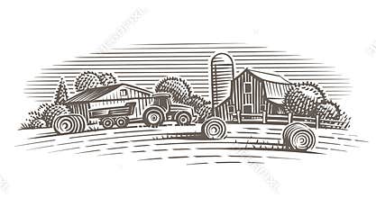 Farm landscape illustration. Vector. Hand drawn.