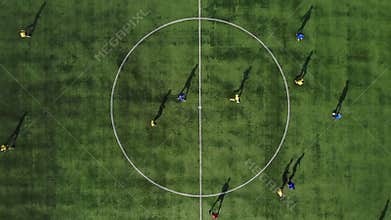 Aerial football match start. Beginning of game. Football game