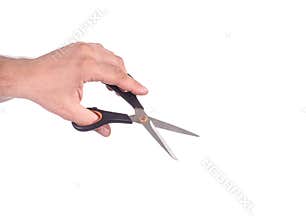 Male Hand with Scissors. Isolated on white background