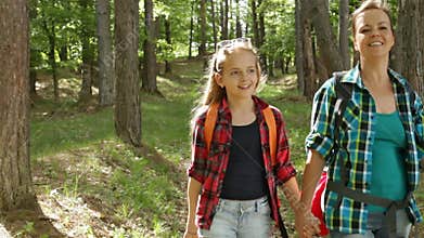 Hikers enjoy walking in forest downhill among trees