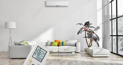 Modern interior apartment with air conditioning and remote control 3D rendering illustration