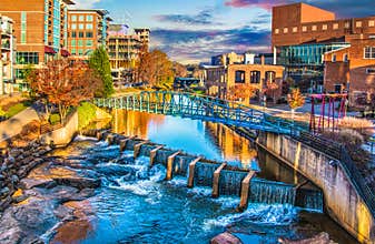 River Place and Reedy River at sunrise in Greenville, South Carolina SC.