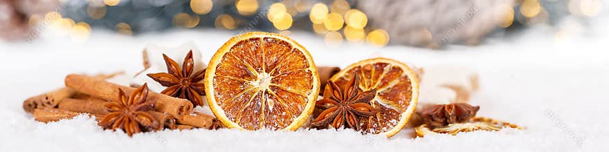 Christmas decoration orange fruit herbs baking bakery banner snow winter