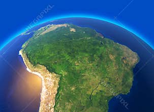 Satellite view of the Amazon, map, states of South America, reliefs and plains, physical map