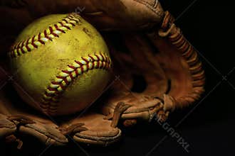 A yellow softball in an old, brown, leather glove.