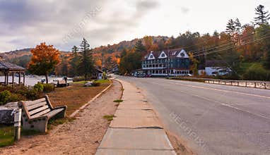 Long Lake, NY, Adirondacks, October 9, 2018: Adirondack Hotel at Sunrise in the fall