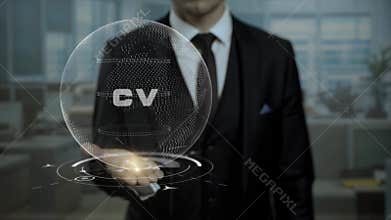Profession tutor presenting CV concept with hologram on his hand.