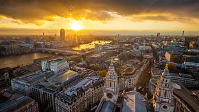 London, England - Aerial panoramic skyline view of London taken from top of St.Paul`s Cathedral at sunset