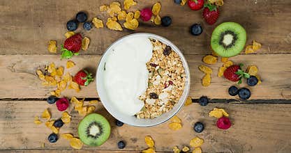 Homemade granola cereal with yogurt and fruits