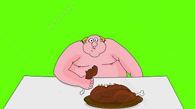 Big fat man eating duck.