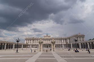 Heavy rain clouds over the Royal Palace, Madrid, Spain