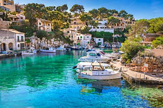 Spain Mallorca, idyllic old fishing village harbor port of Cala Figuera