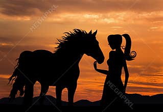Silhouette of girl with horse sunset sky