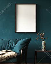 Mock-up frame in dark green home interior with sofa, fur, table and branch in vase