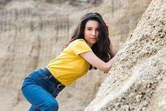 Woman portrait enjoy summer time on the sand quarry, trip