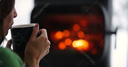 Woman with hot drink by the fireplace in winter
