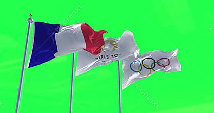 Paris 24 Olympic flag waving in the wind between the French and the Olympic flag