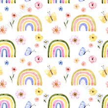 Watercolor rainbow seamless pattern. Hand painted pastel rainbows, butterfly and pretty flowers on white background