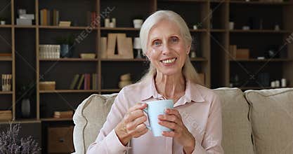 Happy older woman sit on sofa at home with teacup