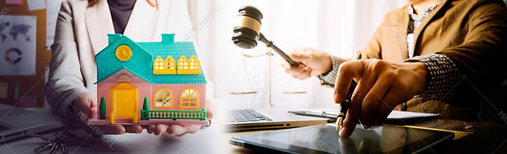 Woman lawyer explain the documents contact of insurance of fire and theft a house at office desk. home protection, family,