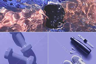 collage for 2022 color of the year with dumbbells, trainers, smart watch and swimming pool toned violet