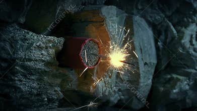 TNT Put In Rock And Fuse Lit And Explodes