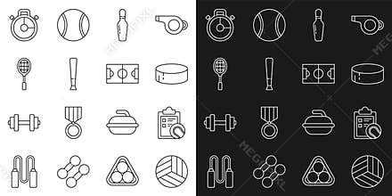 Set line Volleyball ball, Checklist clipboard and tennis, Hockey puck, Bowling pin, Baseball bat, Tennis racket