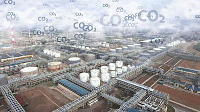 Air smoke pollution from a chemical plant. Carbon footprint Carbon dioxide in smog over a chemical factory. Concept