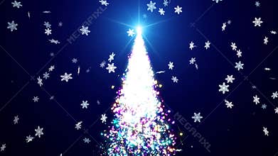Abstract Dark Blue Shine Christmas Tree Seasonal Holiday Celebration With Falling Glitter Snowflakes From Star Light Flare