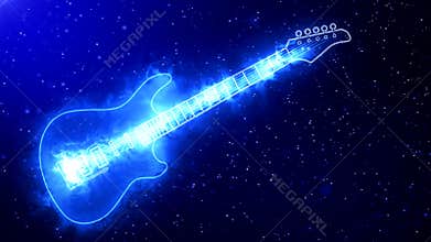 Neon electric guitar in cold haze on dark background