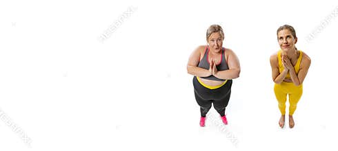 Flyer with happy women wearing sport uniform isolated on white background. Concept of healthy lifestyle, fitness, sport