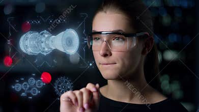 Engine hologram inspection woman analysing holographic image in digital glasses