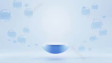 3d animation, podium with air bubbles spheres on blue aqua background. Mockup abstract geometric hemisphere stage, empty
